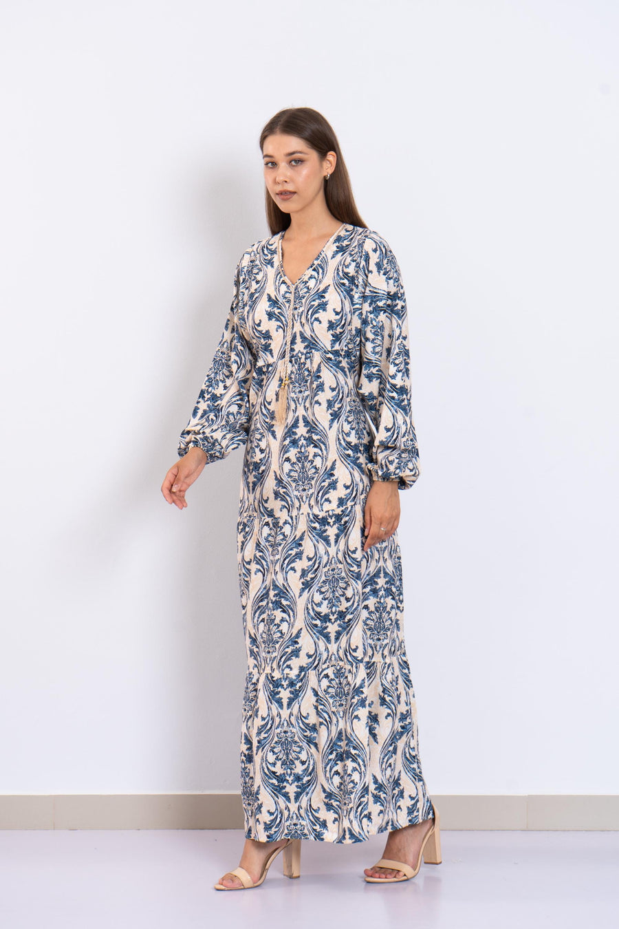 Blue Print Viscose Maxi Dress – Puffy Sleeve Boho Dress for Women – Lightweight Flowy Long Dress – Casual Summer Resort Outfit