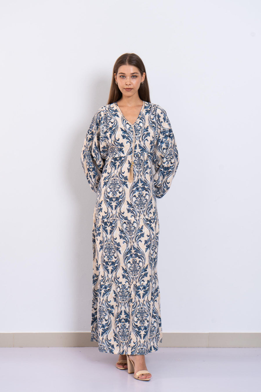 Blue Print Viscose Maxi Dress – Puffy Sleeve Boho Dress for Women – Lightweight Flowy Long Dress – Casual Summer Resort Outfit