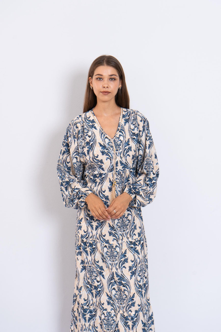 Blue Print Viscose Maxi Dress – Puffy Sleeve Boho Dress for Women – Lightweight Flowy Long Dress – Casual Summer Resort Outfit