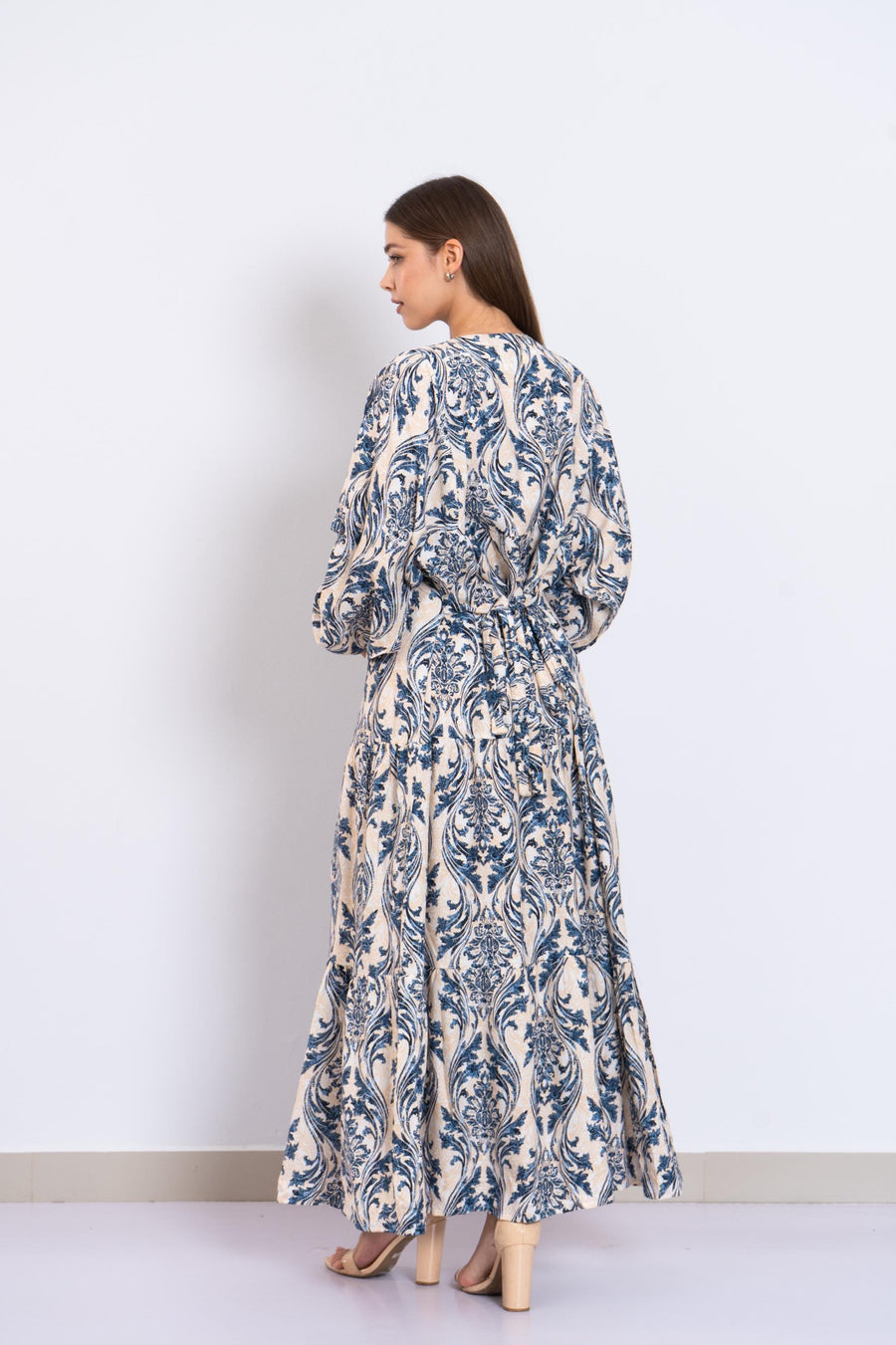 Blue Print Viscose Maxi Dress – Puffy Sleeve Boho Dress for Women – Lightweight Flowy Long Dress – Casual Summer Resort Outfit