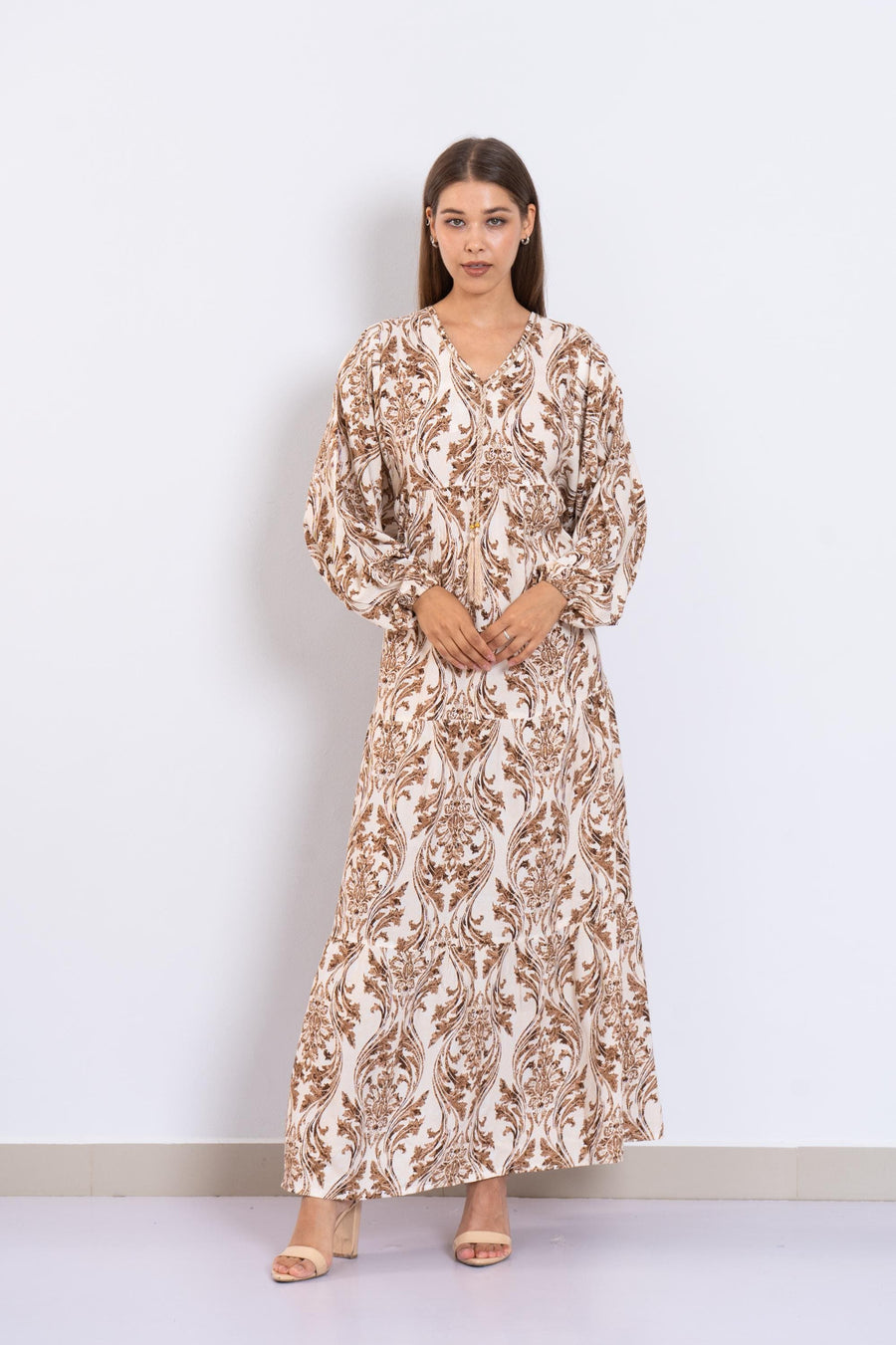Chic Caramel Print Viscose Maxi Dress – Puffy Sleeve Boho Dress for Women – Lightweight Flowy Long Dress – Casual Summer Resort Outfit