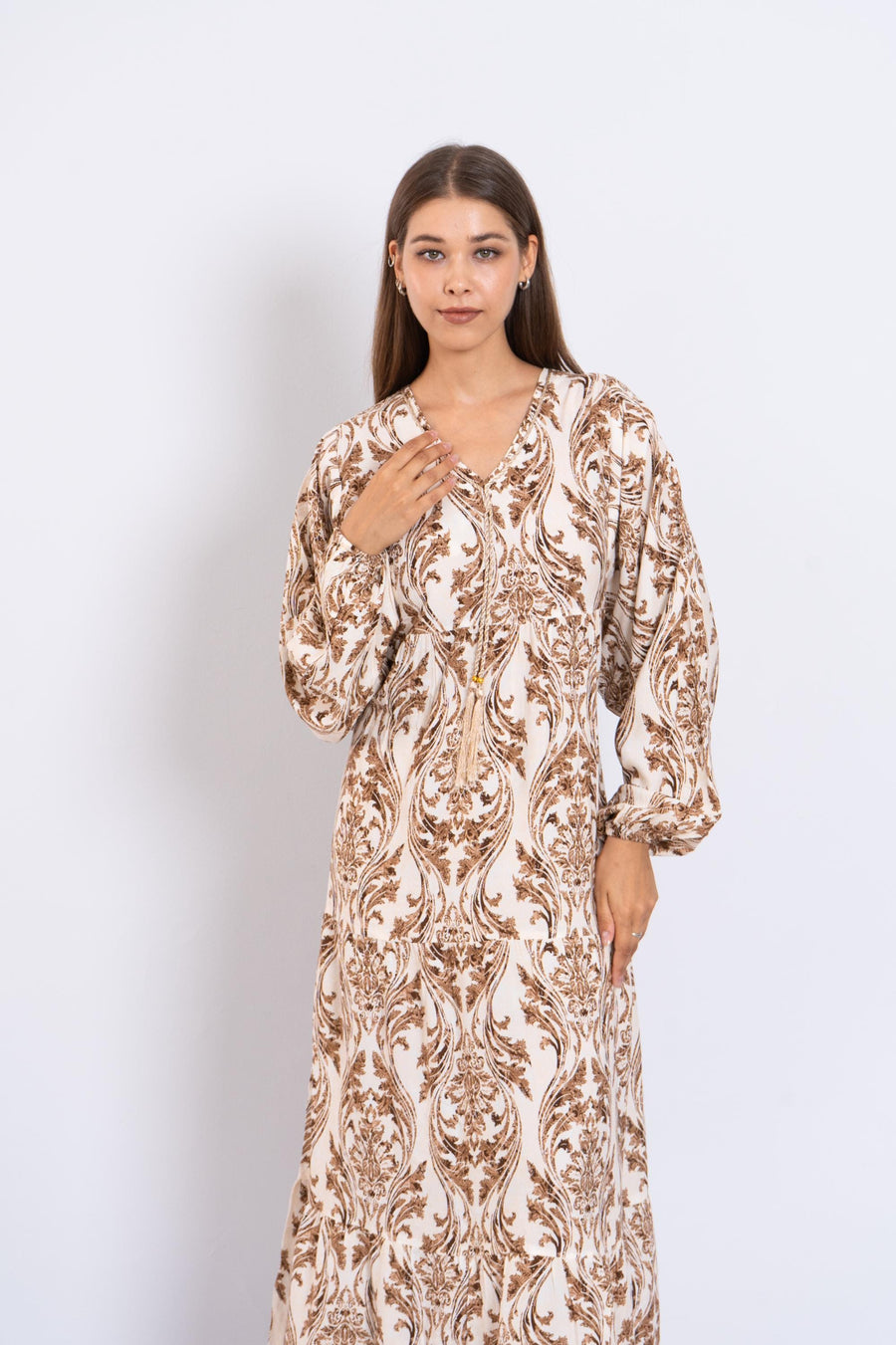 Chic Caramel Print Viscose Maxi Dress – Puffy Sleeve Boho Dress for Women – Lightweight Flowy Long Dress – Casual Summer Resort Outfit