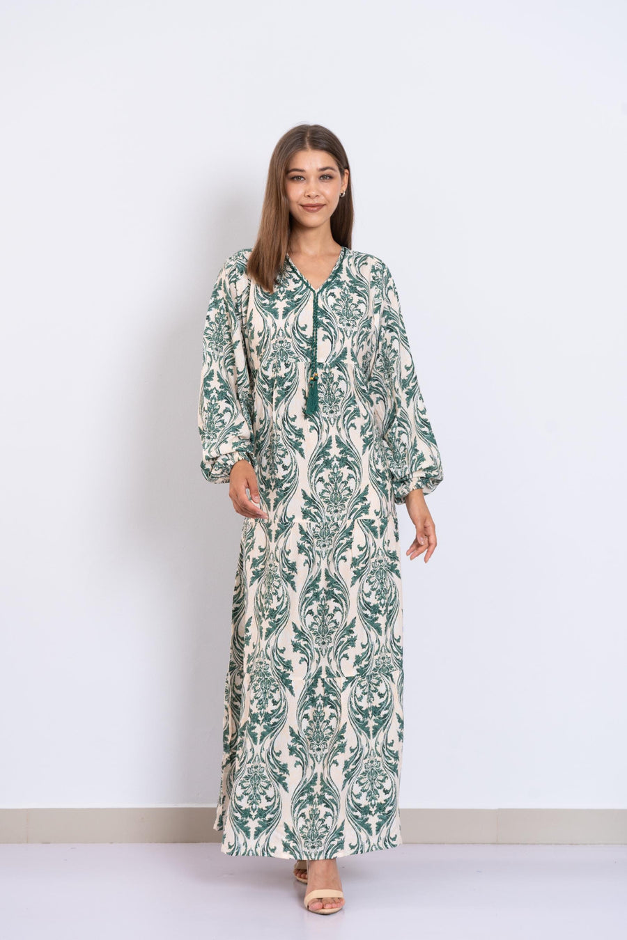 Classy Green Print Viscose Maxi Dress – Puffy Sleeve Boho Dress for Women – Lightweight Flowy Long Dress – Casual Summer Resort Outfit