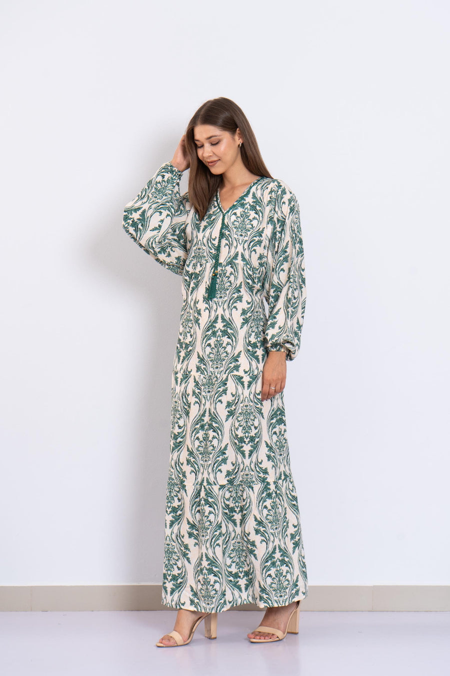 Classy Green Print Viscose Maxi Dress – Puffy Sleeve Boho Dress for Women – Lightweight Flowy Long Dress – Casual Summer Resort Outfit