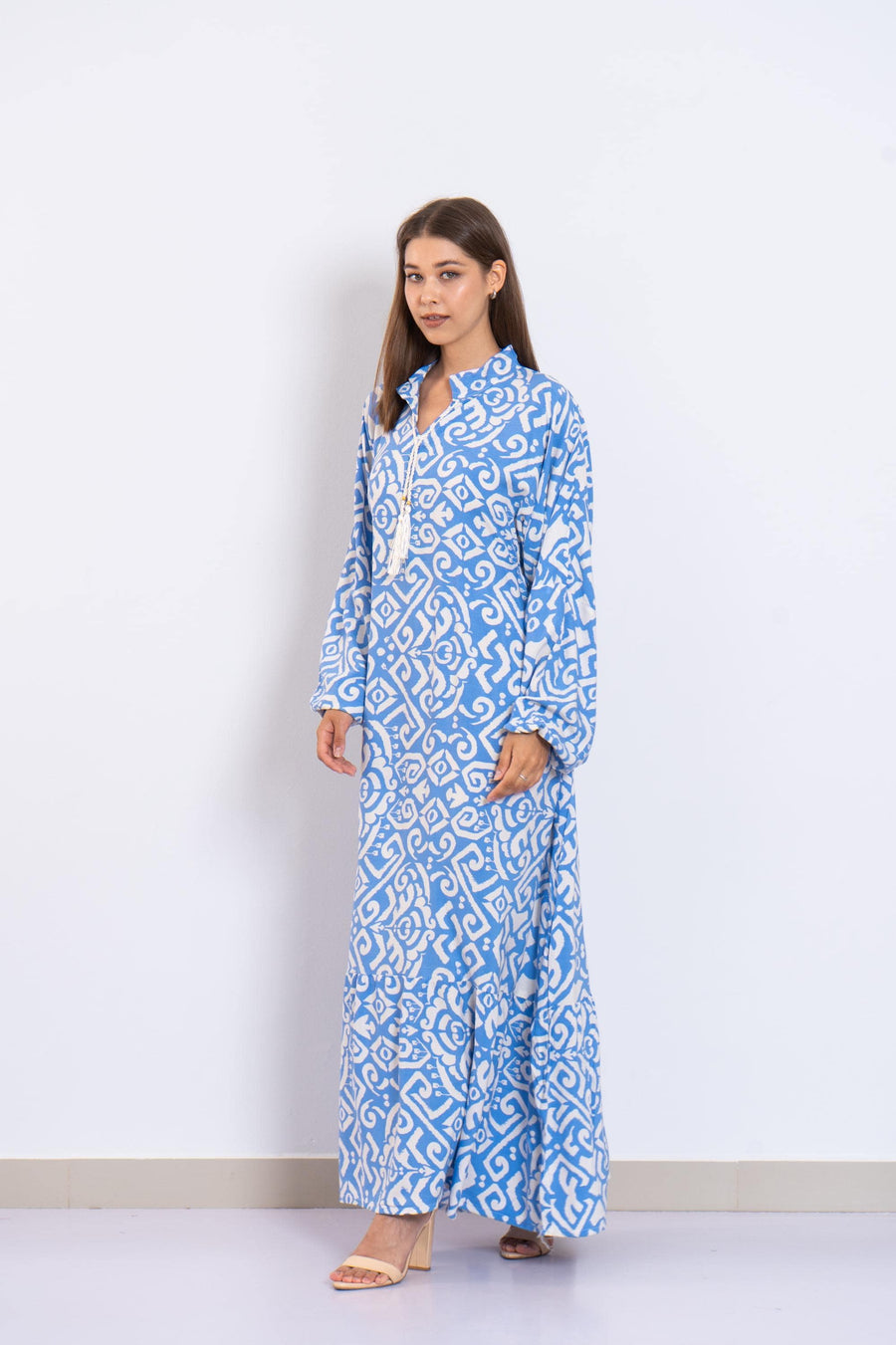 Blue and White Viscose Maxi Dress – Geometric Print Long Dress with Puffy Sleeves – Lightweight Boho Resort Wear – Summer Caftan Look