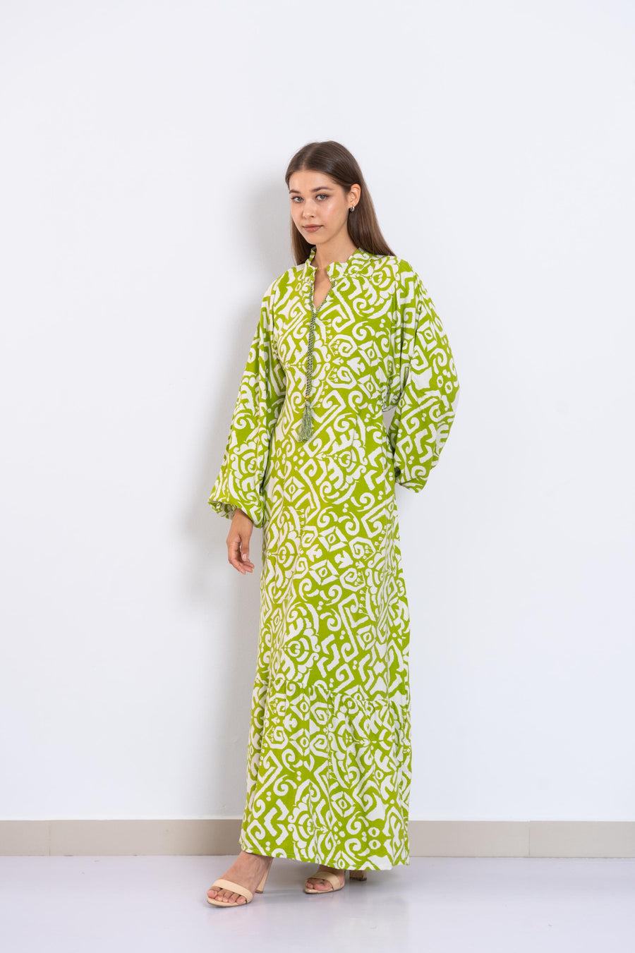 Green and White Viscose Maxi Dress – Geometric Print Long Dress with Puffy Sleeves – Lightweight Boho Resort Wear – Summer Caftan Look