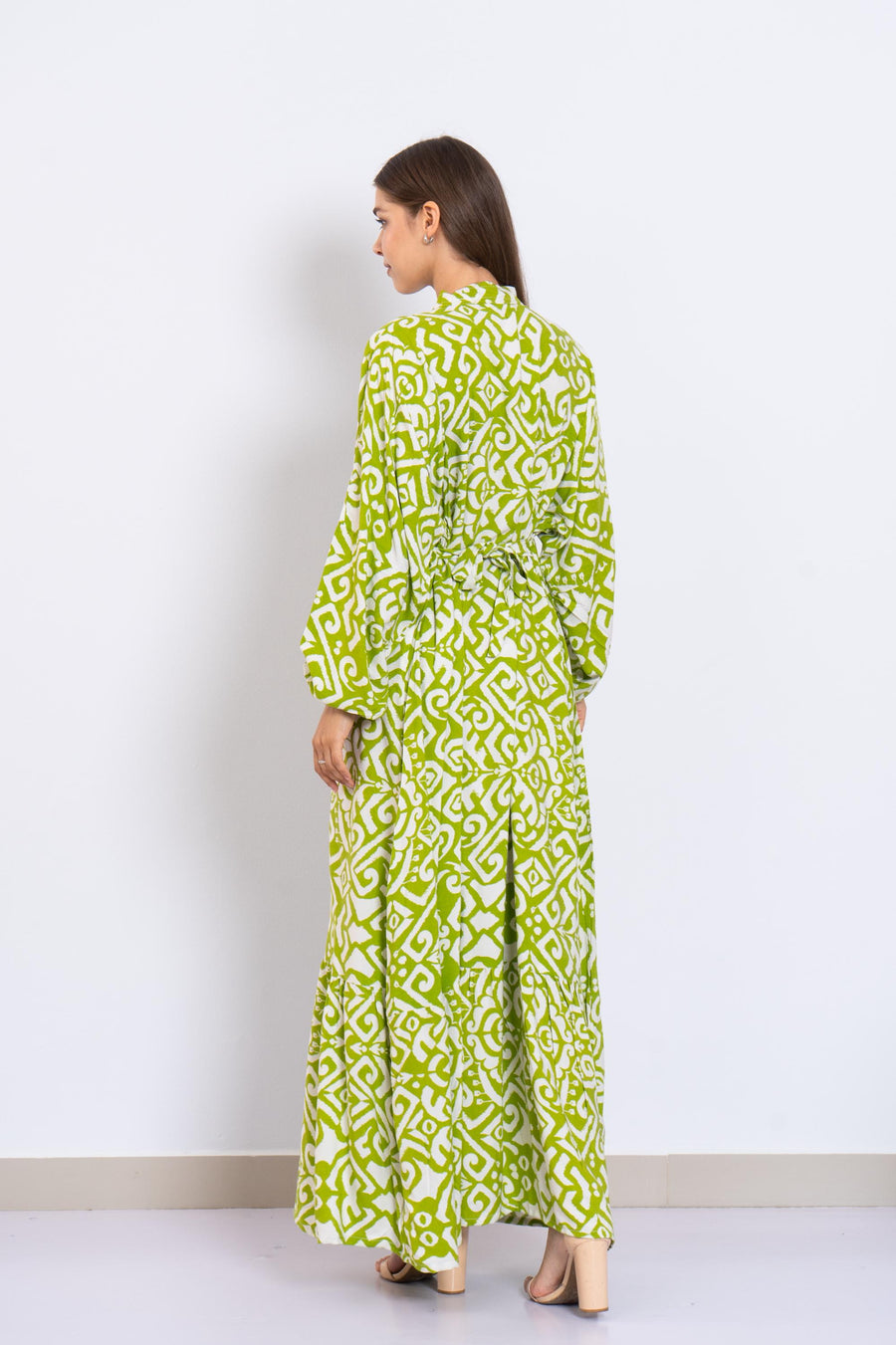 Green and White Viscose Maxi Dress – Geometric Print Long Dress with Puffy Sleeves – Lightweight Boho Resort Wear – Summer Caftan Look