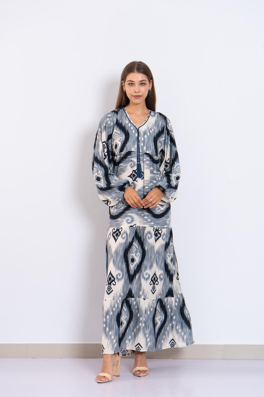Navy Blue Ikat Viscose Maxi Dress – Boho Long Dress with Puffy Sleeves – Lightweight Flowy Tiered Dress – Summer Resort Wear for Women