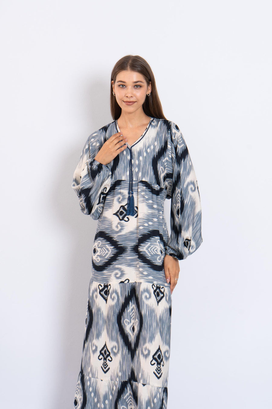 Navy Blue Ikat Viscose Maxi Dress – Boho Long Dress with Puffy Sleeves – Lightweight Flowy Tiered Dress – Summer Resort Wear for Women