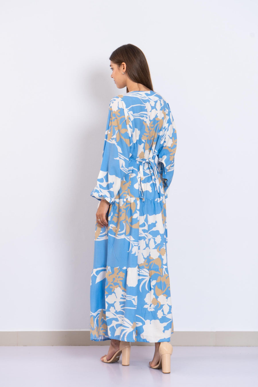 Blue Floral Viscose Maxi Dress – Puffy Sleeve Boho Dress for Women – Lightweight Spring Summer Outfit – Tiered Flowy Resort Style Dress