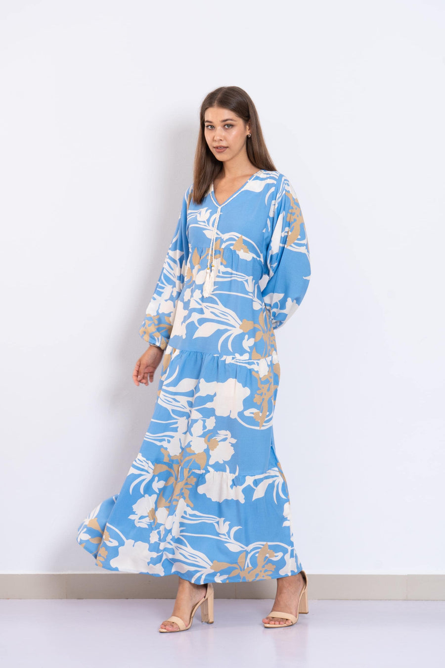 Blue Floral Viscose Maxi Dress – Puffy Sleeve Boho Dress for Women – Lightweight Spring Summer Outfit – Tiered Flowy Resort Style Dress