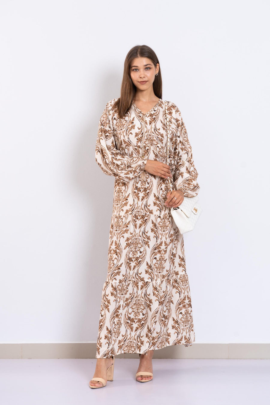Chic Caramel Print Viscose Maxi Dress – Puffy Sleeve Boho Dress for Women – Lightweight Flowy Long Dress – Casual Summer Resort Outfit