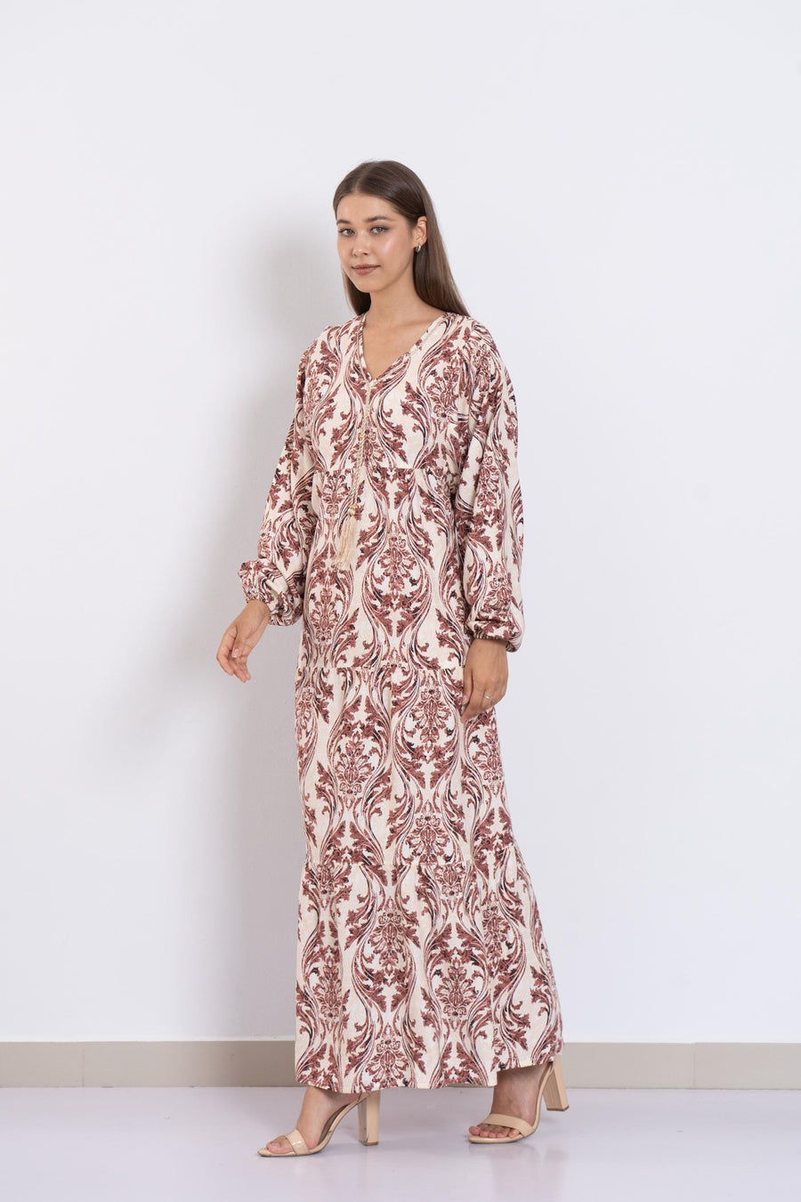 Cream Print Viscose Maxi Dress – Puffy Sleeve Boho Dress for Women – Lightweight Flowy Long Dress – Casual Summer Resort Outfit