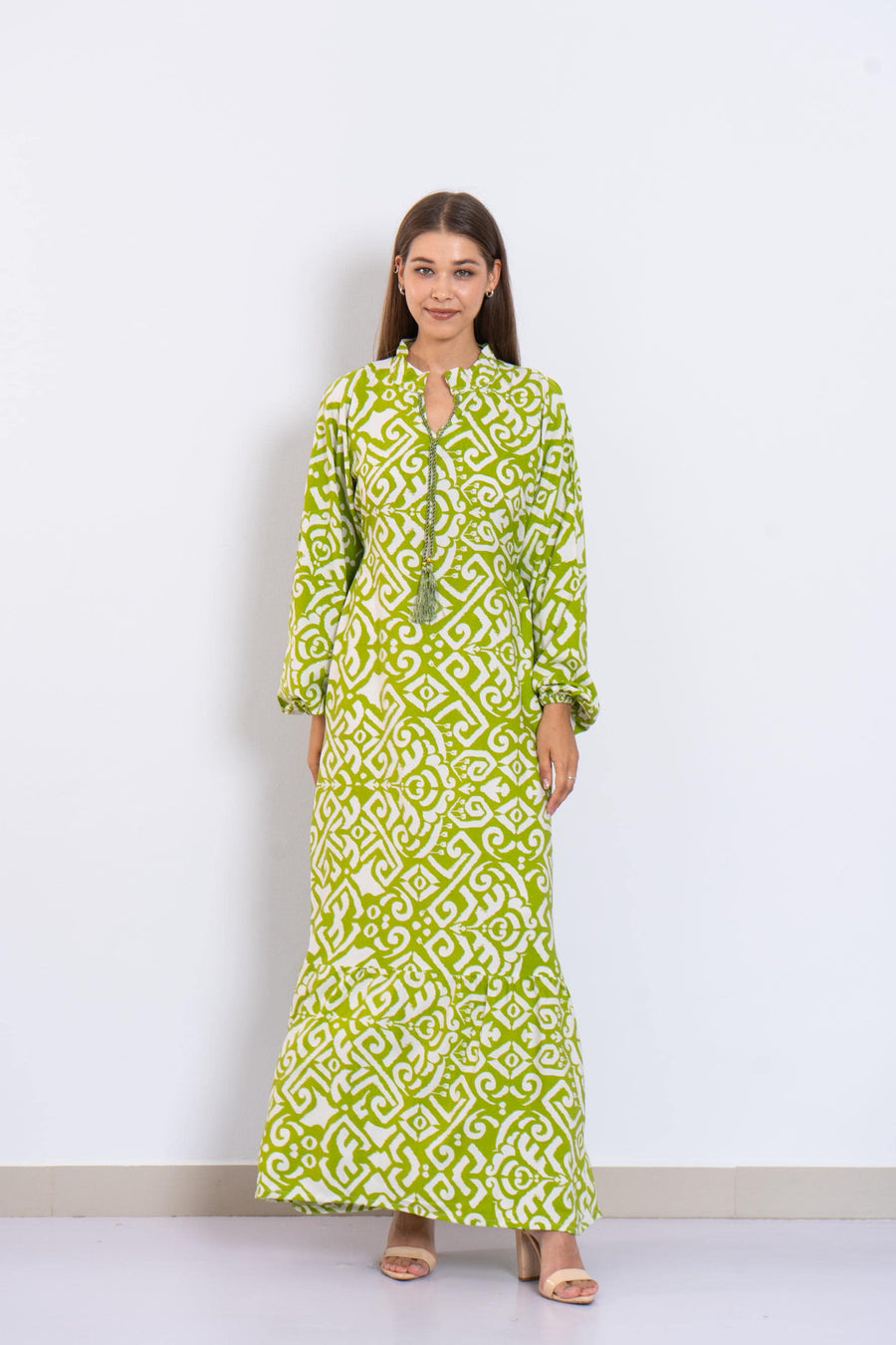 Green and White Viscose Maxi Dress – Geometric Print Long Dress with Puffy Sleeves – Lightweight Boho Resort Wear – Summer Caftan Look