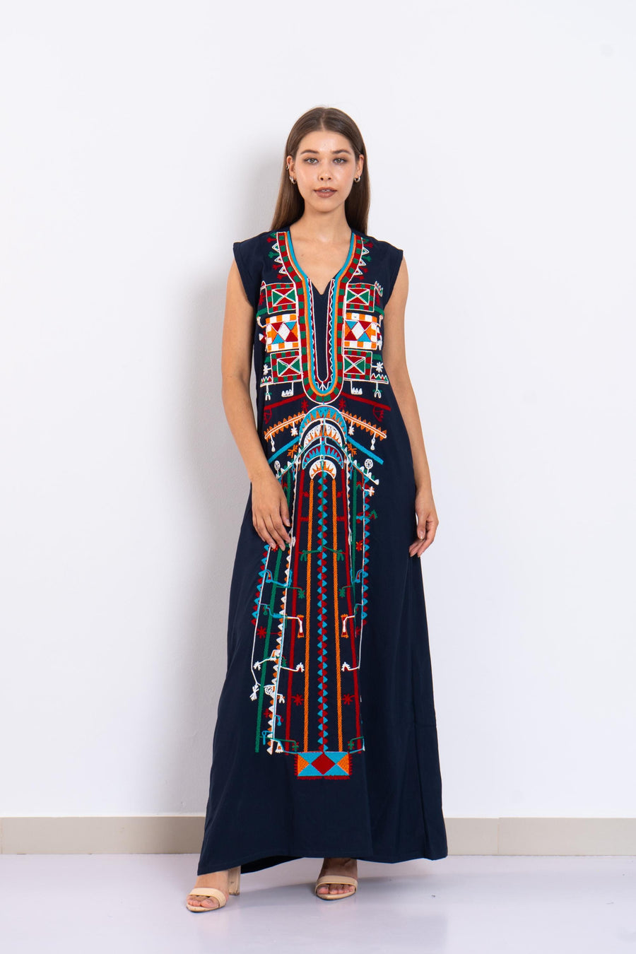 Bohemian Navy blue sleeveless Siwa embroidered caftan, embroidered Caftan dress, Caftan maxi dress, Caftans for women, Cotton caftans summer