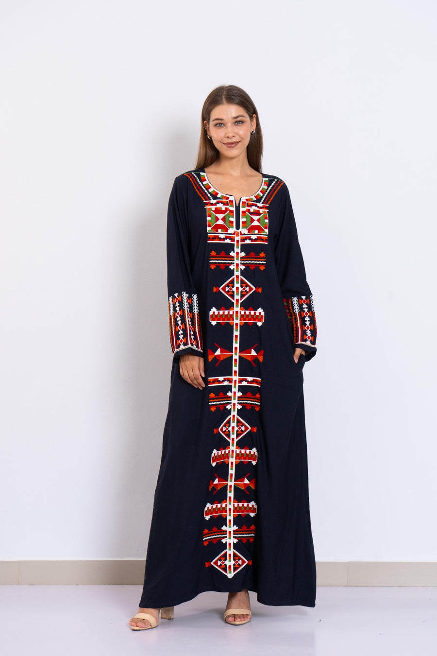 Navy Siwa Embroidered Kaftan Dress – Egyptian Cotton Caftan with Pockets – Long Sleeve Caftan for women – Egyptian Boho Tribal Kaftan