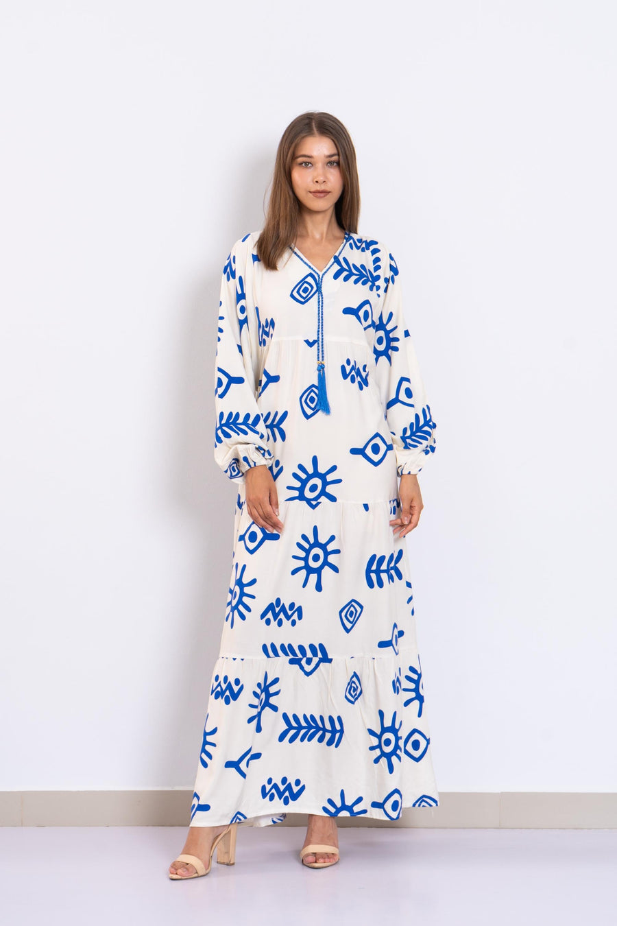 Tribal Print Viscose Maxi Dress – Blue and Cream Boho Long Dress with Puffy Sleeves – Tiered Flowy Resort Wear – Lightweight Summer Outfit