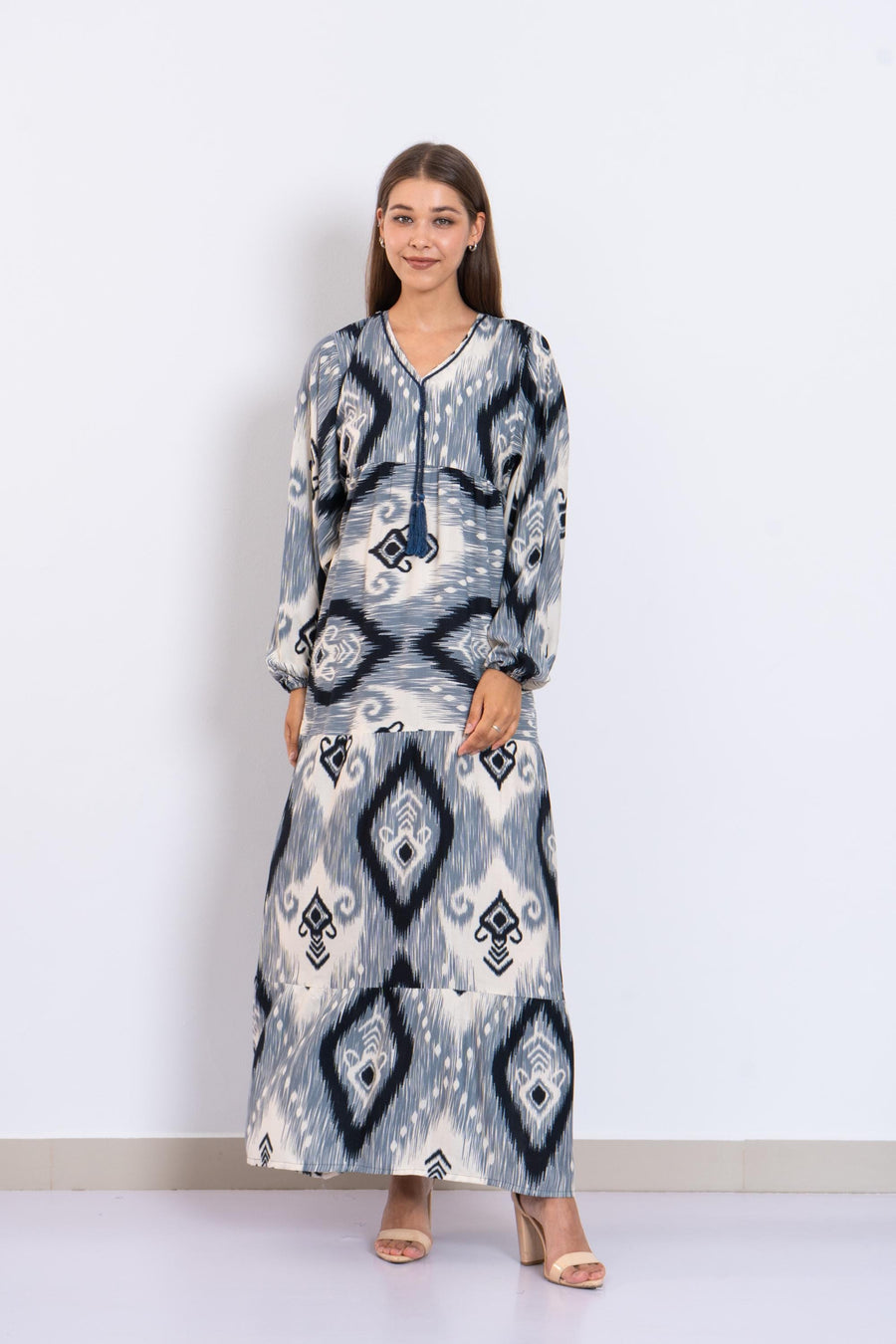 Navy Blue Ikat Viscose Maxi Dress – Boho Long Dress with Puffy Sleeves – Lightweight Flowy Tiered Dress – Summer Resort Wear for Women