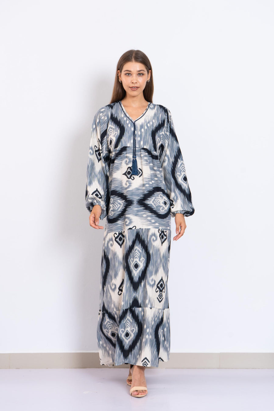 Navy Blue Ikat Viscose Maxi Dress – Boho Long Dress with Puffy Sleeves – Lightweight Flowy Tiered Dress – Summer Resort Wear for Women