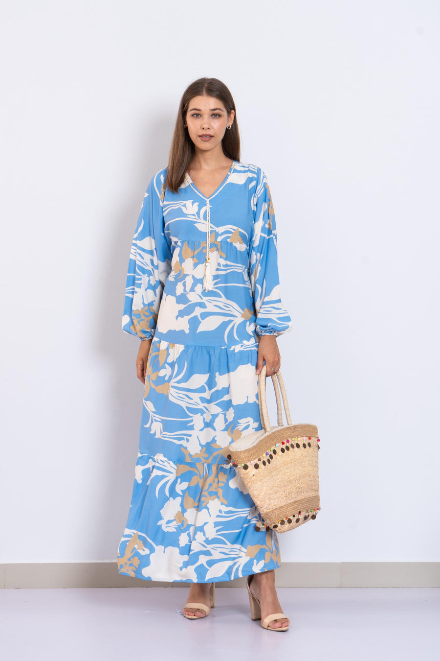 Blue Floral Viscose Maxi Dress – Puffy Sleeve Boho Dress for Women – Lightweight Spring Summer Outfit – Tiered Flowy Resort Style Dress
