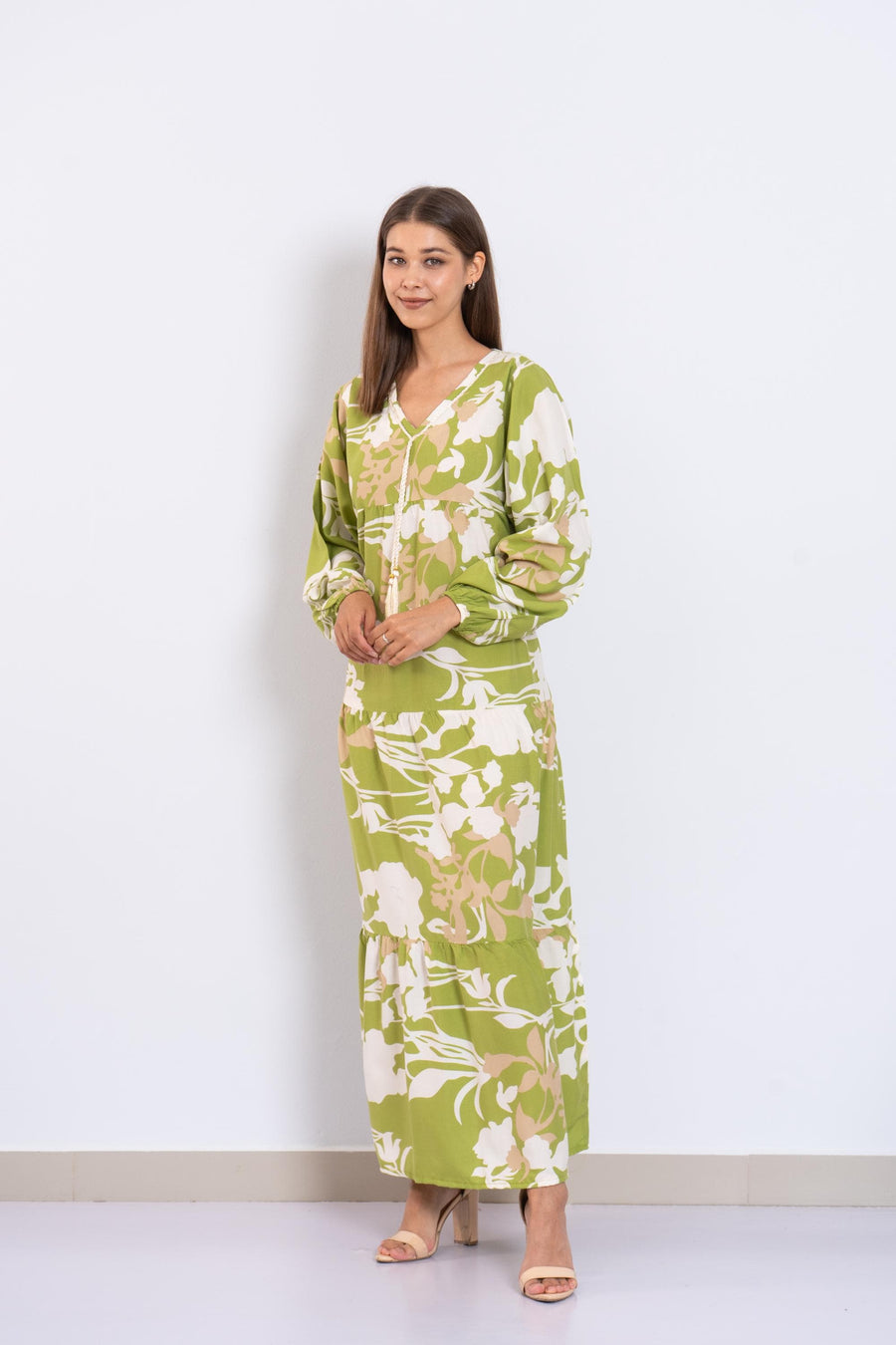 Green Floral Viscose Maxi Dress – Puffy Sleeve Boho Dress for Women – Lightweight Spring Summer Outfit – Tiered Flowy Resort Style Dress