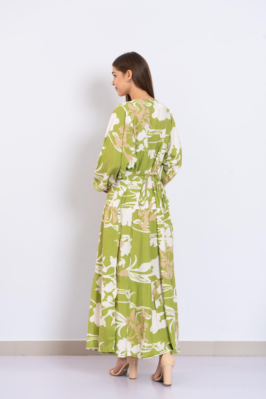 Green Floral Viscose Maxi Dress – Puffy Sleeve Boho Dress for Women – Lightweight Spring Summer Outfit – Tiered Flowy Resort Style Dress