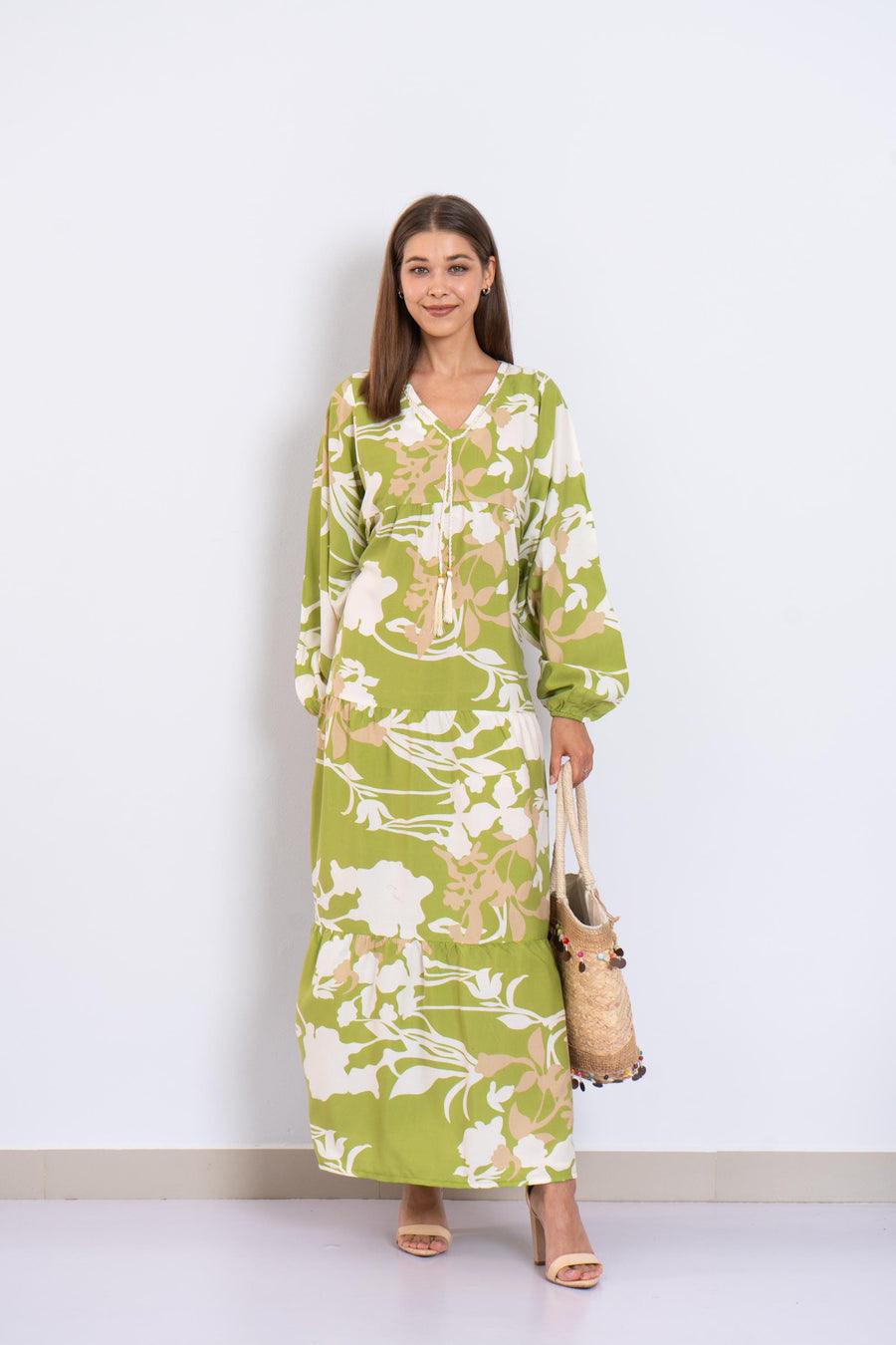 Green Floral Viscose Maxi Dress – Puffy Sleeve Boho Dress for Women – Lightweight Spring Summer Outfit – Tiered Flowy Resort Style Dress