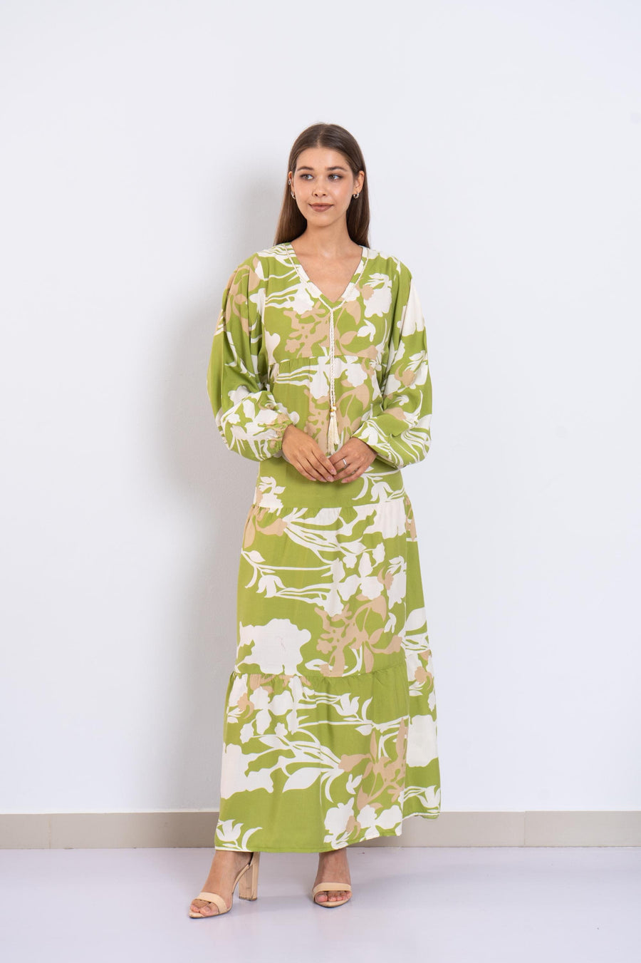 Green Floral Viscose Maxi Dress – Puffy Sleeve Boho Dress for Women – Lightweight Spring Summer Outfit – Tiered Flowy Resort Style Dress
