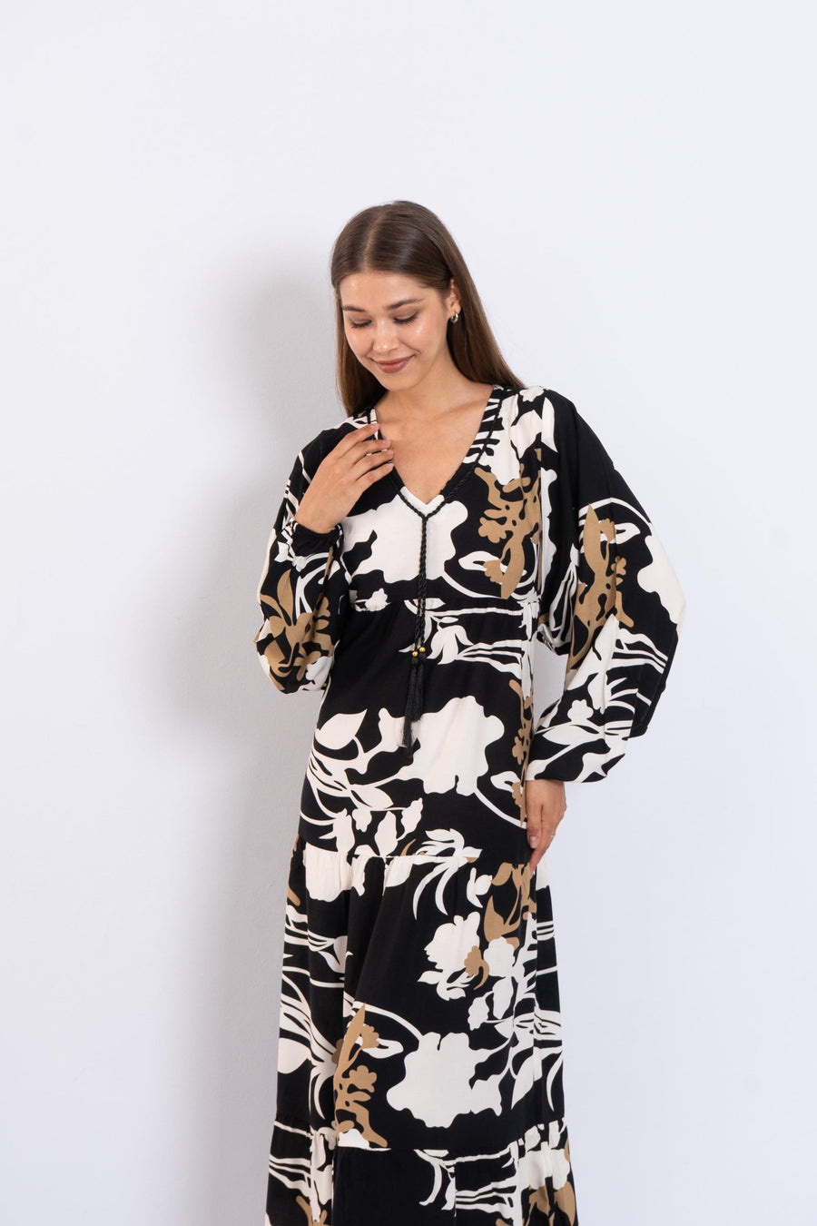Black Floral Viscose Maxi Dress – Puffy Sleeve Boho Dress for Women – Lightweight Spring Summer Outfit – Tiered Flowy Resort Style Dress