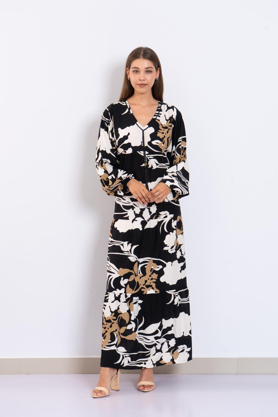 Black Floral Viscose Maxi Dress – Puffy Sleeve Boho Dress for Women – Lightweight Spring Summer Outfit – Tiered Flowy Resort Style Dress