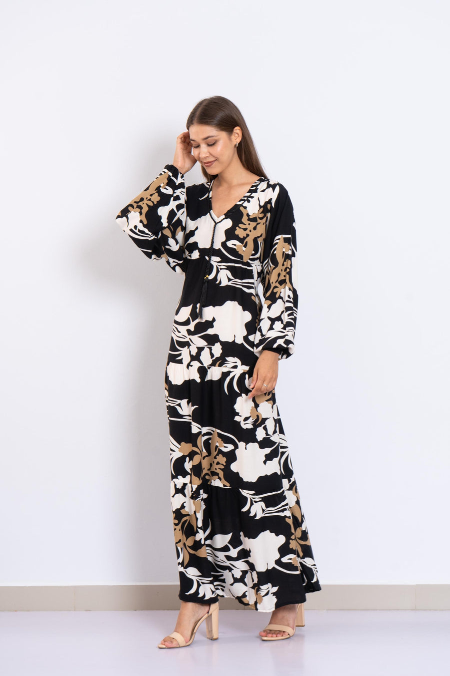 Black Floral Viscose Maxi Dress – Puffy Sleeve Boho Dress for Women – Lightweight Spring Summer Outfit – Tiered Flowy Resort Style Dress