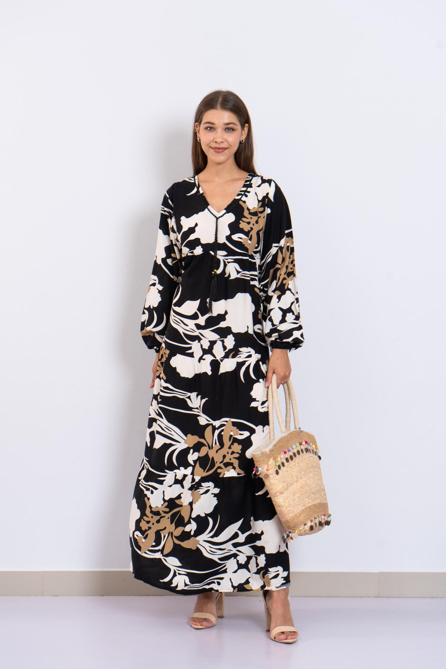 Black Floral Viscose Maxi Dress – Puffy Sleeve Boho Dress for Women – Lightweight Spring Summer Outfit – Tiered Flowy Resort Style Dress