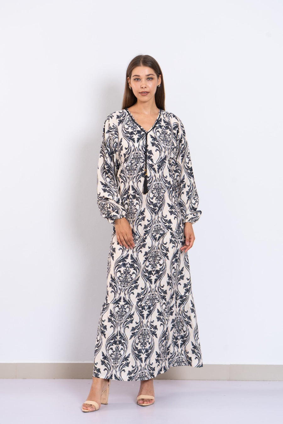 Black Print Viscose Maxi Dress – Puffy Sleeve Boho Dress for Women – Lightweight Flowy Long Dress – Casual Summer Resort Outfit