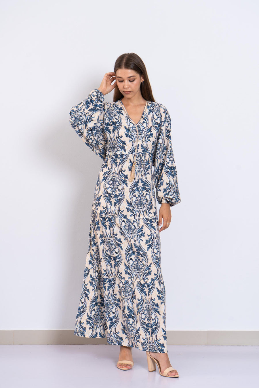 Blue Print Viscose Maxi Dress – Puffy Sleeve Boho Dress for Women – Lightweight Flowy Long Dress – Casual Summer Resort Outfit