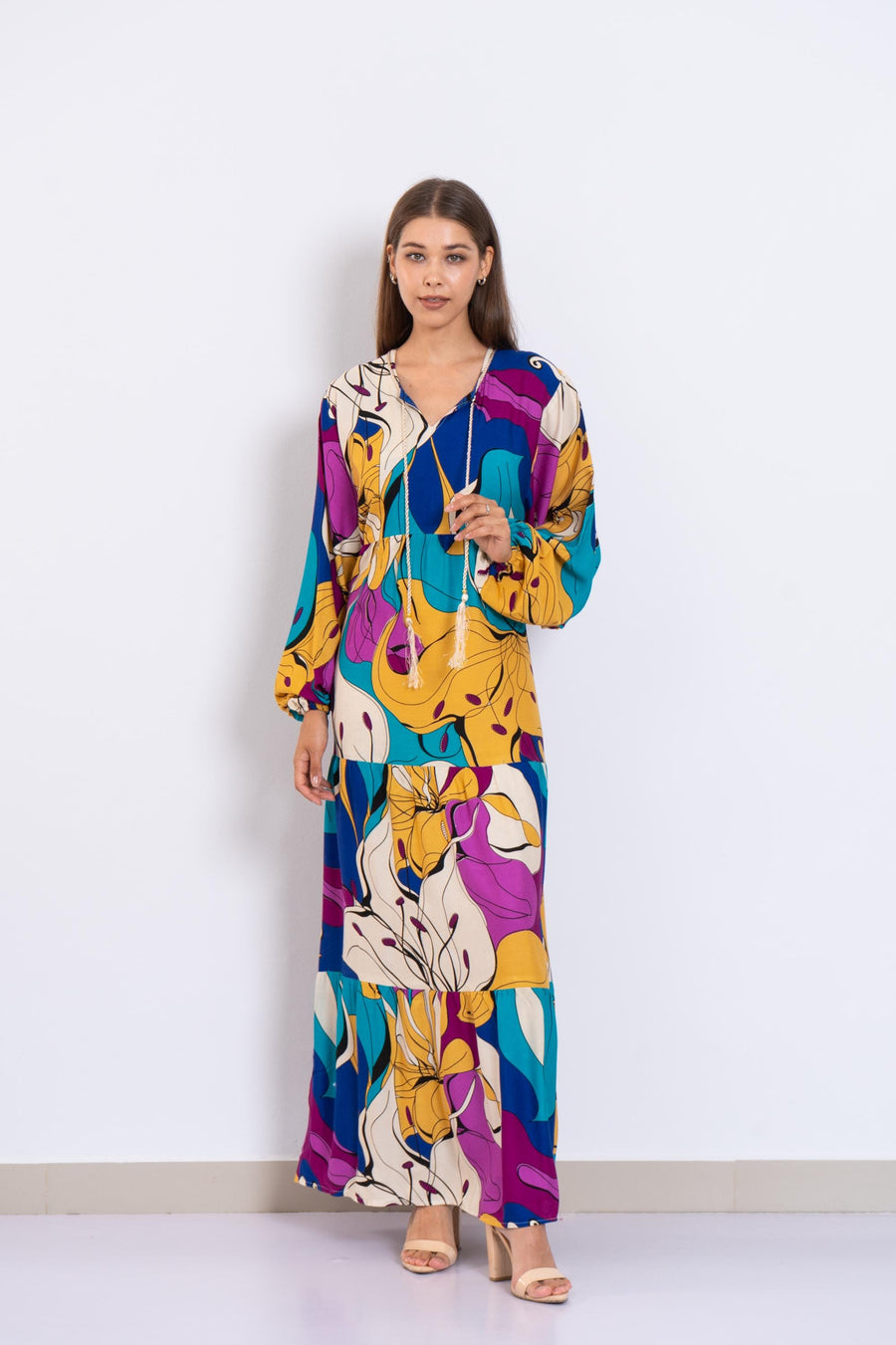 Colorful Abstract Floral Maxi Dress – Viscose Tiered Dress with Puffy Sleeves – Boho Resort Wear for Women – Flowy Summer Long Dress