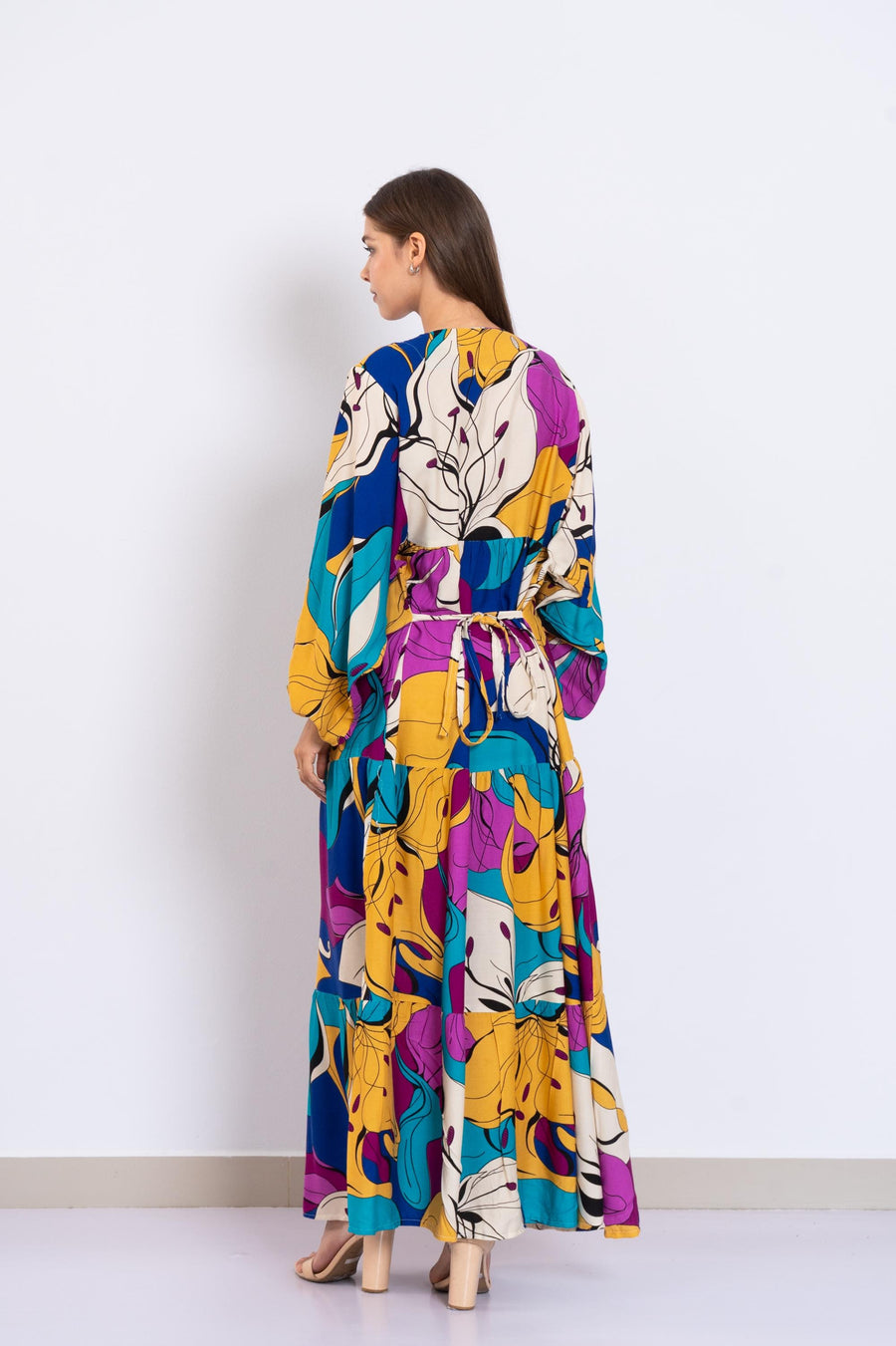 Colorful Abstract Floral Maxi Dress – Viscose Tiered Dress with Puffy Sleeves – Boho Resort Wear for Women – Flowy Summer Long Dress