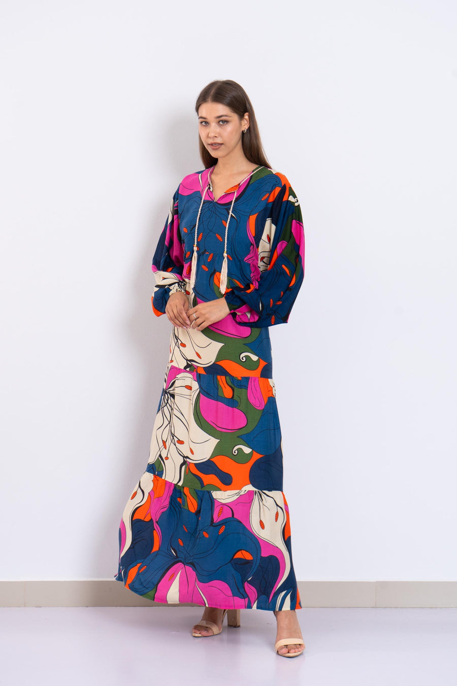 Colorful Abstract Floral Maxi Dress – Viscose Tiered Dress with Puffy Sleeves – Boho Resort Wear for Women – Flowy Summer Long Dress