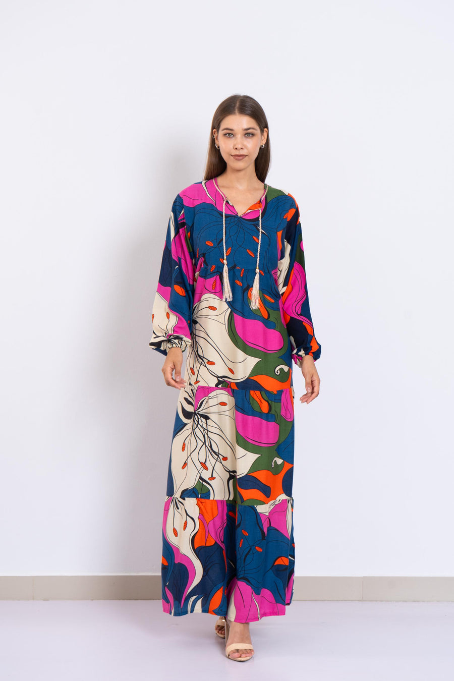 Colorful Abstract Floral Maxi Dress – Viscose Tiered Dress with Puffy Sleeves – Boho Resort Wear for Women – Flowy Summer Long Dress