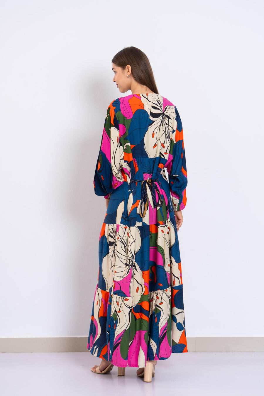 Colorful Abstract Floral Maxi Dress – Viscose Tiered Dress with Puffy Sleeves – Boho Resort Wear for Women – Flowy Summer Long Dress