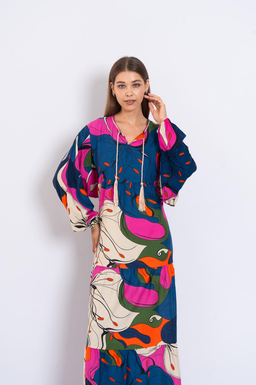 Colorful Abstract Floral Maxi Dress – Viscose Tiered Dress with Puffy Sleeves – Boho Resort Wear for Women – Flowy Summer Long Dress