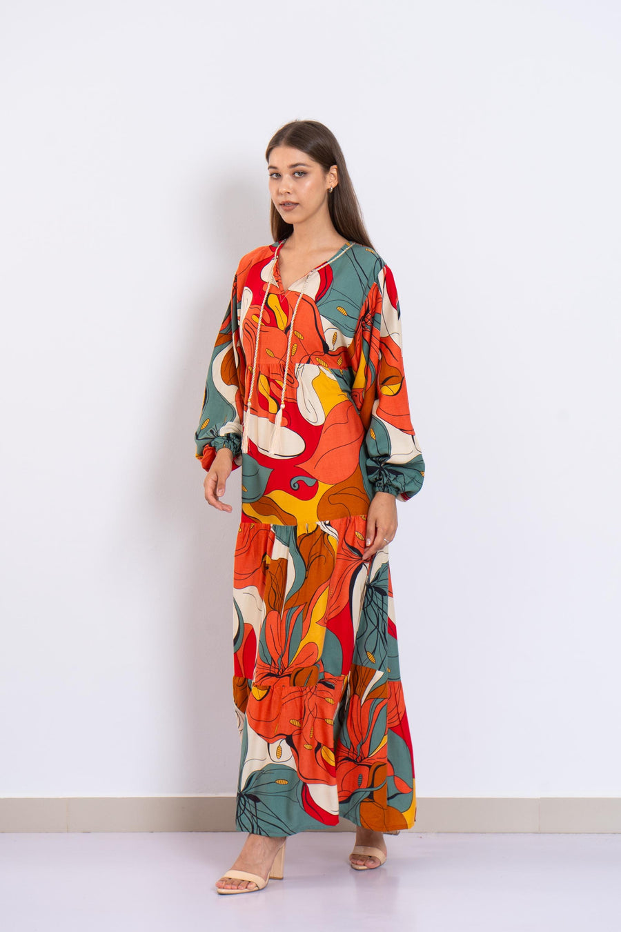 Colorful Abstract Floral Maxi Dress – Viscose Tiered Dress with Puffy Sleeves – Boho Resort Wear for Women – Flowy Summer Long Dress
