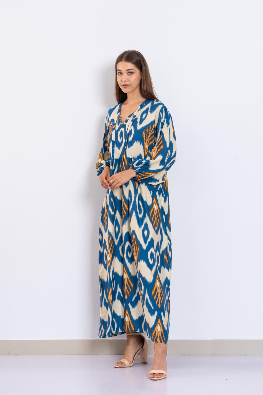 Chic Blue and Mustard Ikat Maxi Dress – Viscose Boho Dress with Puffy Sleeves – Lightweight Flowy Dress for Women – Summer Resort Outfit