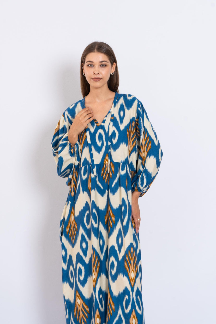 Chic Blue and Mustard Ikat Maxi Dress – Viscose Boho Dress with Puffy Sleeves – Lightweight Flowy Dress for Women – Summer Resort Outfit