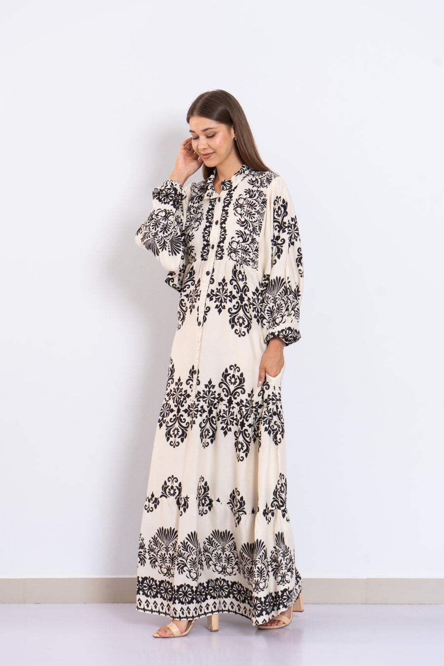 Black and Cream Viscose Maxi Dress – Baroque Print Button-Down Dress with Puffy Sleeves – Lightweight Boho Long Dress – Chic Resort Wear