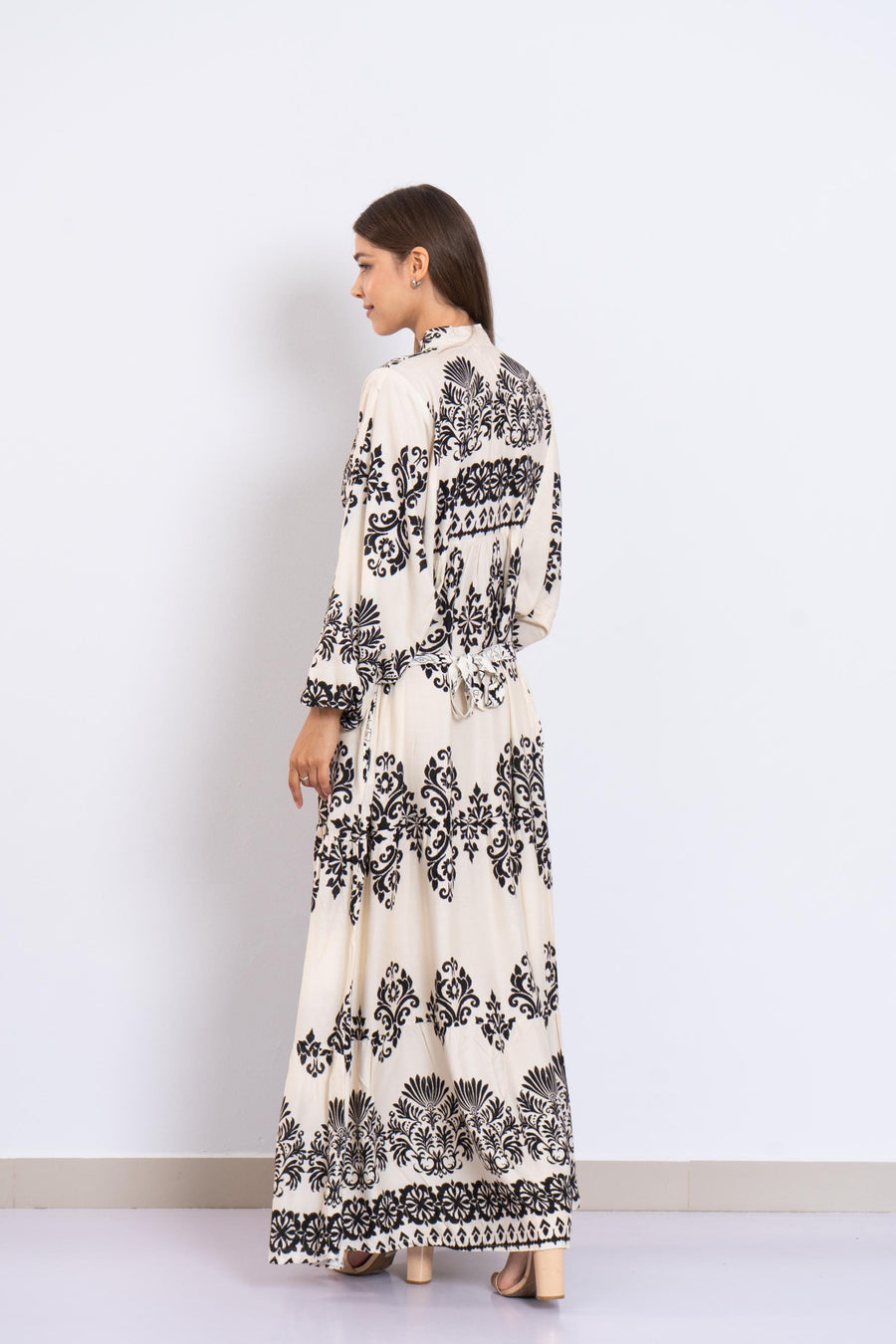 Black and Cream Viscose Maxi Dress – Baroque Print Button-Down Dress with Puffy Sleeves – Lightweight Boho Long Dress – Chic Resort Wear
