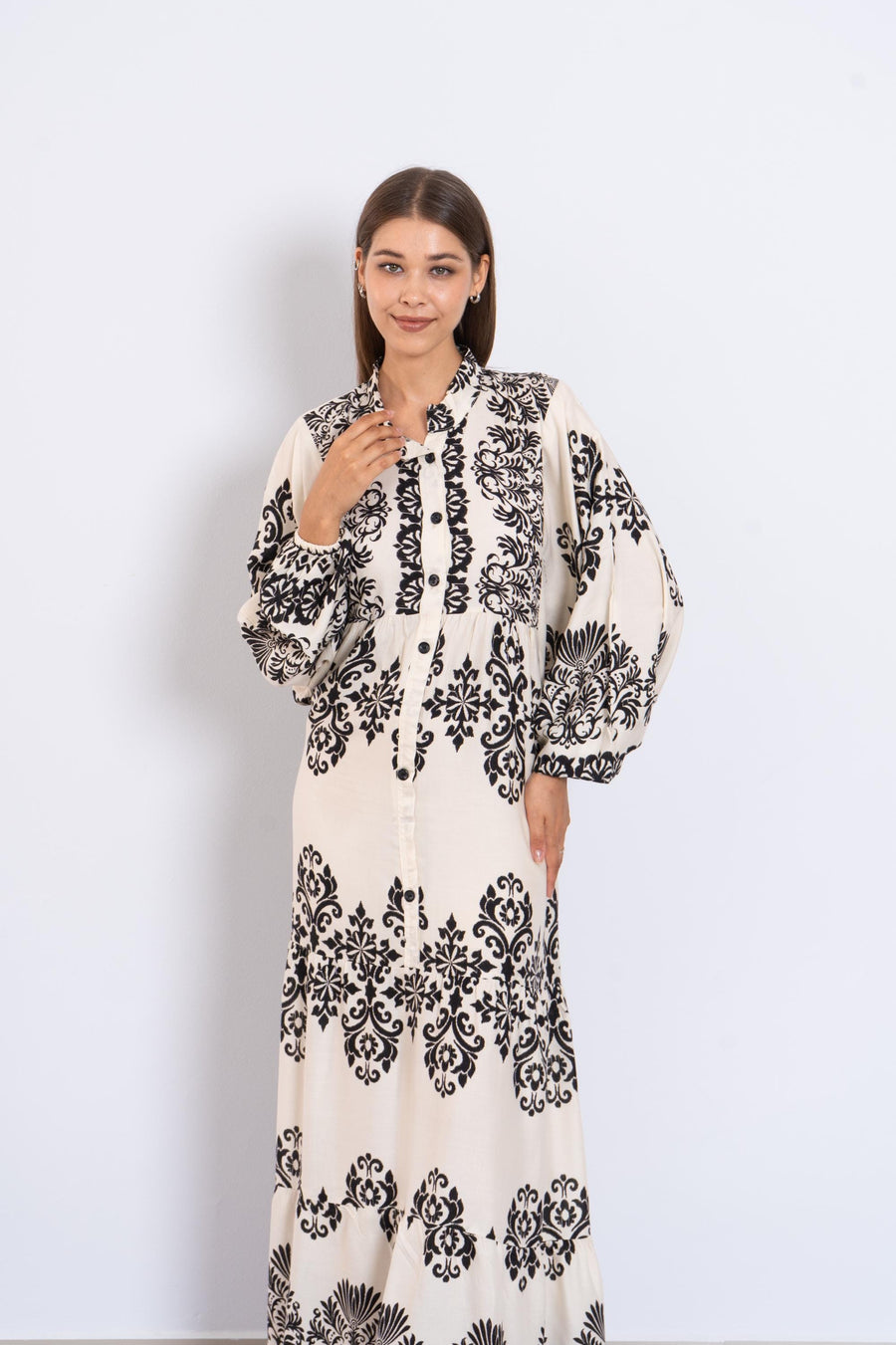 Black and Cream Viscose Maxi Dress – Baroque Print Button-Down Dress with Puffy Sleeves – Lightweight Boho Long Dress – Chic Resort Wear