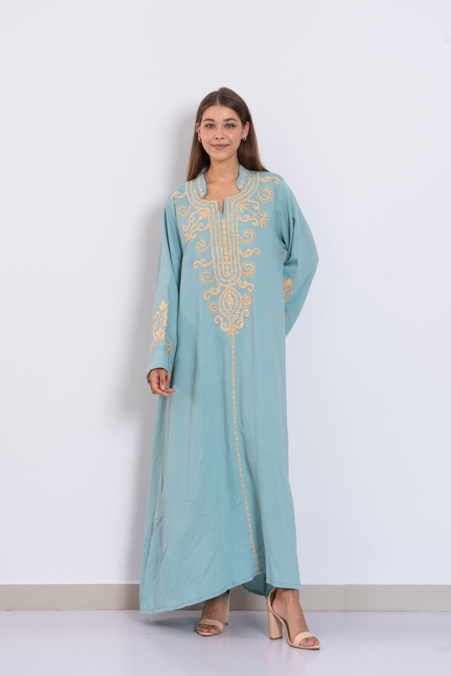 Turquoise Hand Embroidered Kaftan Dress – Crystal Embellished Caftan for Women – Long Sleeve Caftan – Elegant Moroccan Style Caftan