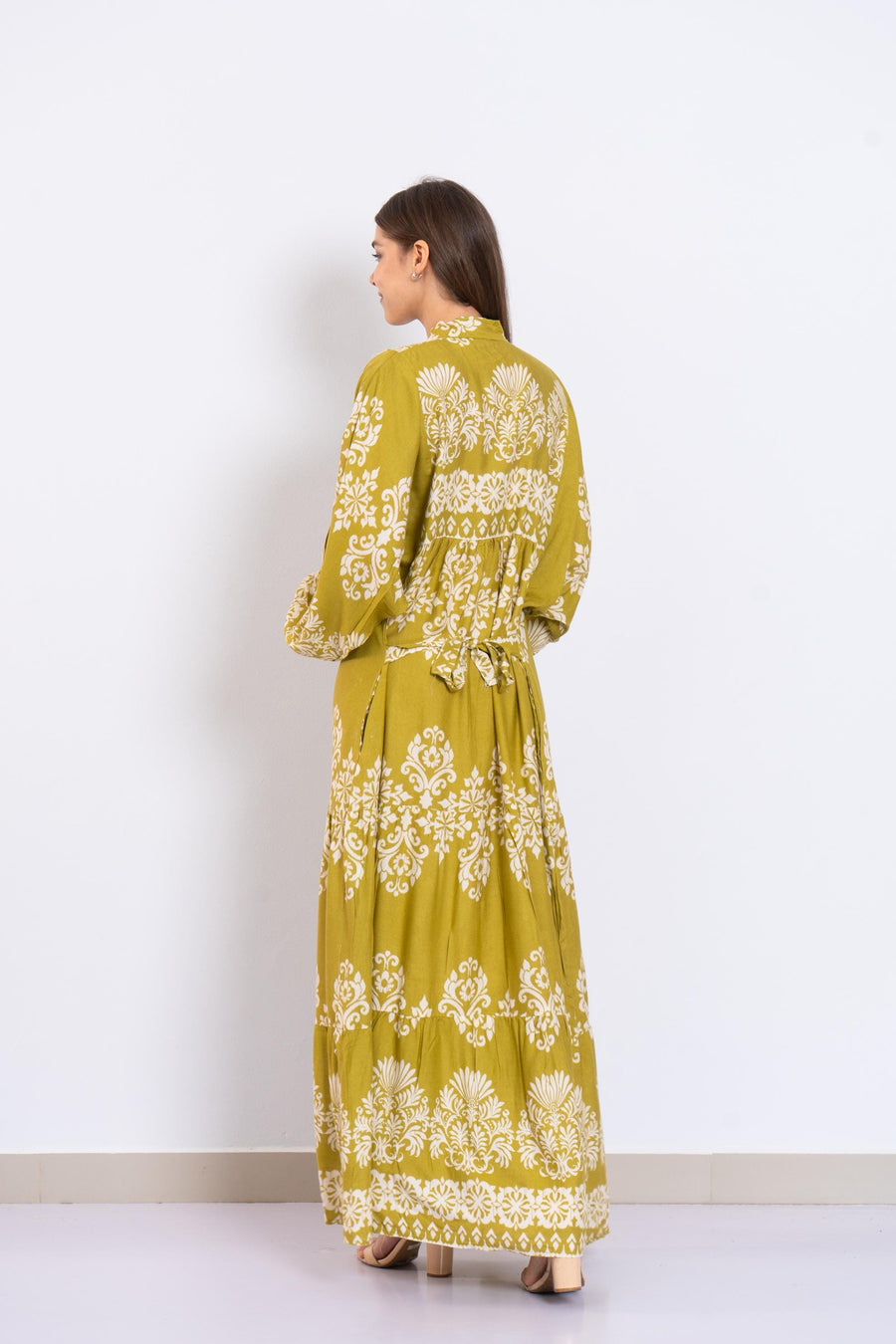 Mustard and White Viscose Maxi Dress – Baroque Print Long Dress with Buttons and Puffy Sleeves – Lightweight Summer Boho Outfit for Women