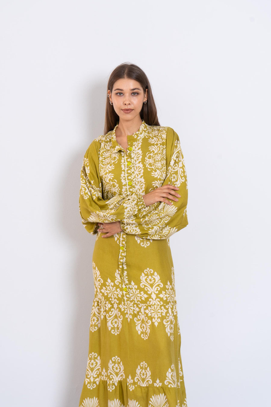 Mustard and White Viscose Maxi Dress – Baroque Print Long Dress with Buttons and Puffy Sleeves – Lightweight Summer Boho Outfit for Women