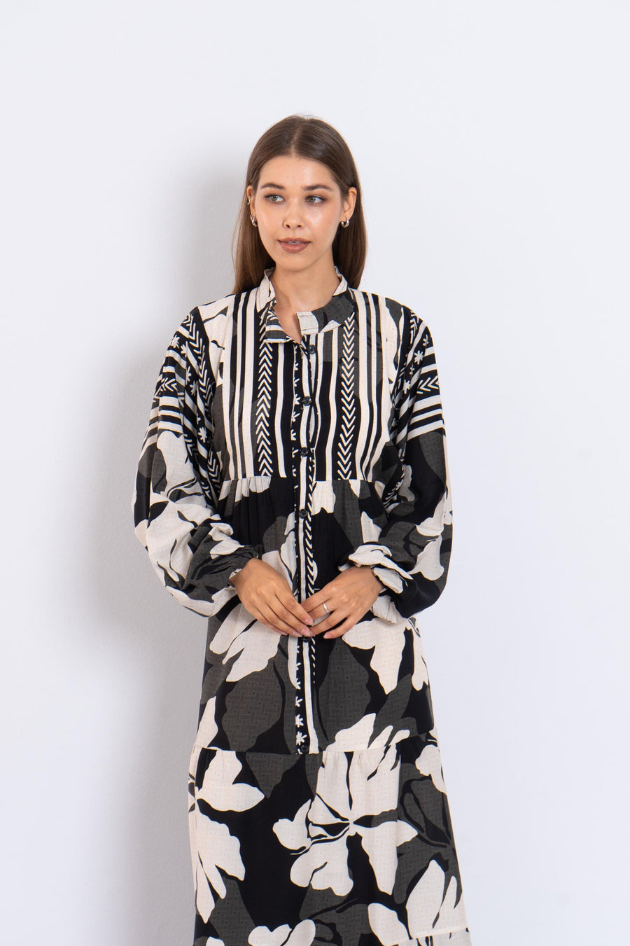 Black Floral Viscose Maxi Dress – Boho Summer Dress with Puffy Sleeves and Tribal Borders – Button-Down Resort Wear for Women